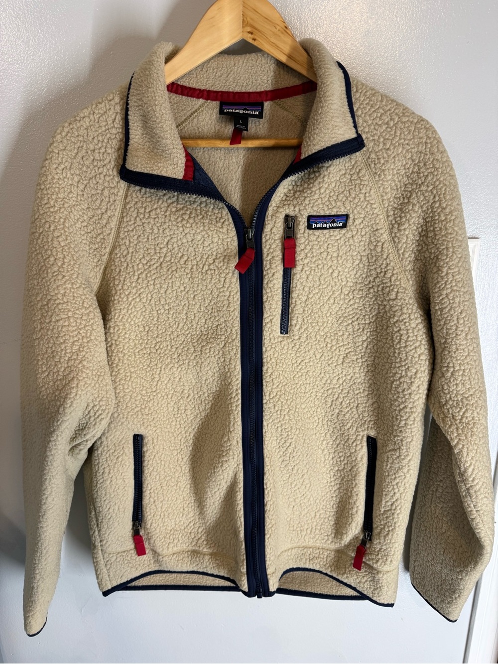 Patagonia Cream Sherpa Zip-Up Jacket with Navy Trim and Red Accents
